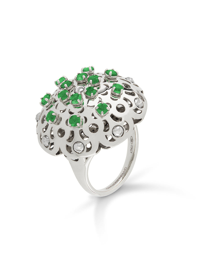 Damasco Large Ring in 18kt White Gold and Emeralds